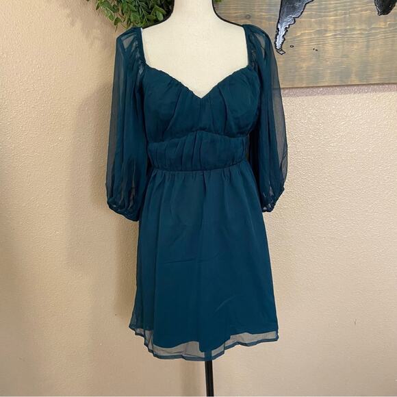 NWOT Lulus Vivacious Arrival Emerald Chiffon Balloon Sleeve Mini Dress - Picture 2 of 12